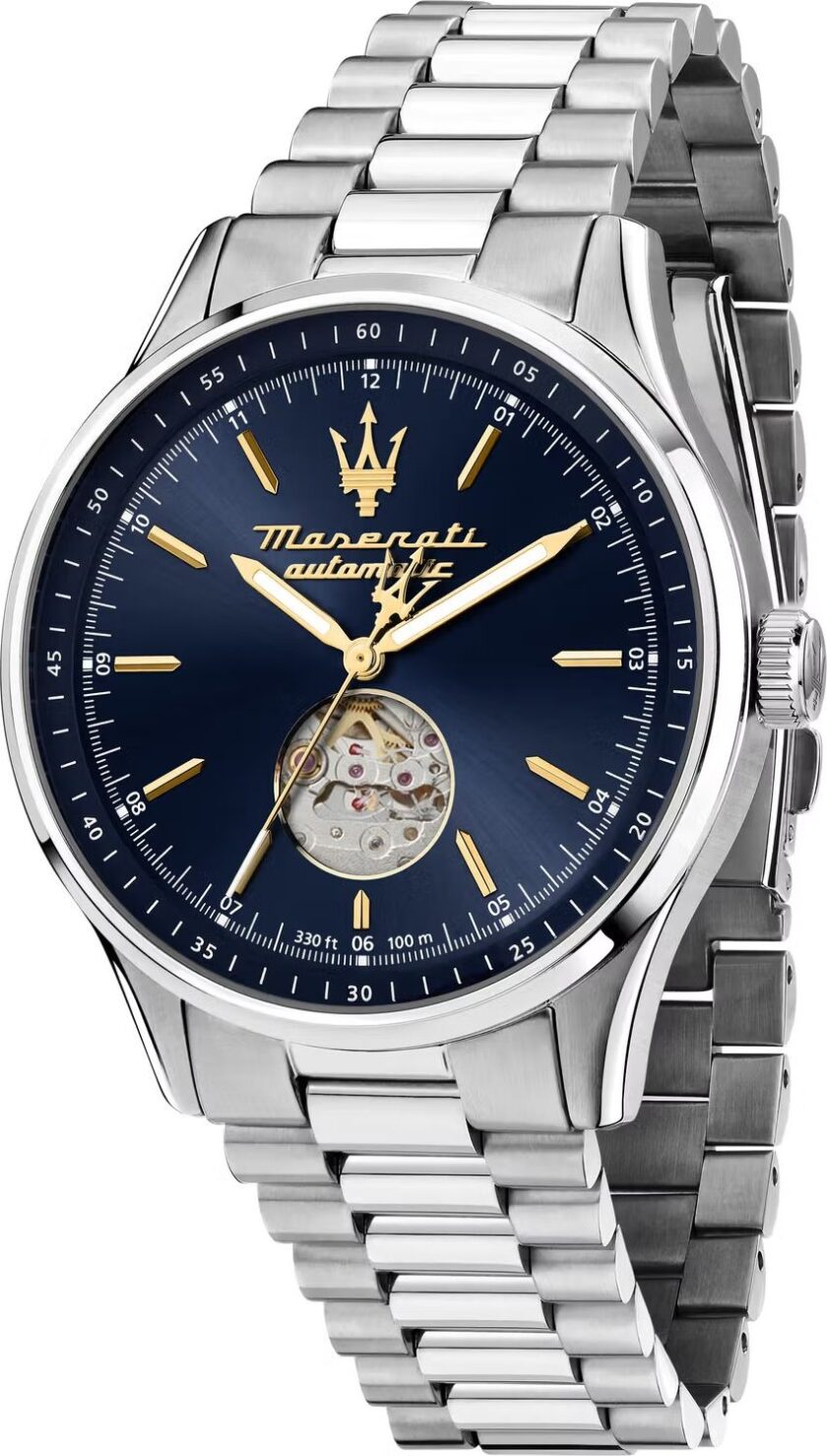 montre homme maserati sorpasso – r8823124002 – automatique – cadran 42 mm bleu avec cœur ouvert – bracelet acier argenté – boucle déployante – verre minéral – Étanchéité 100 mètres (10 atm) – garantie 2 ans – design sportif et chic
