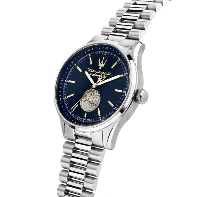 Montre Homme Maserati Sorpasso – R8823124002 – Automatique – Cadran 42 mm Bleu avec Cœur Ouvert – Bracelet Acier Argenté – Boucle Déployante – Verre Minéral – Étanchéité 100 Mètres (10 ATM) – Garantie 2 Ans – Design Sportif et Chic