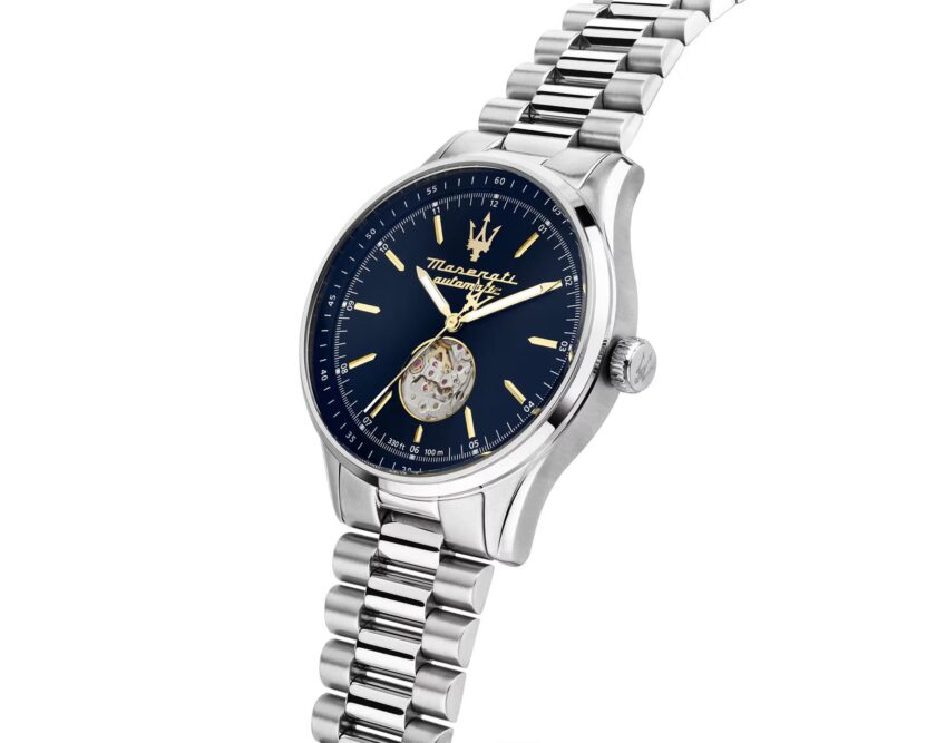 montre homme maserati sorpasso – r8823124002 – automatique – cadran 42 mm bleu avec cœur ouvert – bracelet acier argenté – boucle déployante – verre minéral – Étanchéité 100 mètres (10 atm) – garantie 2 ans – design sportif et chic