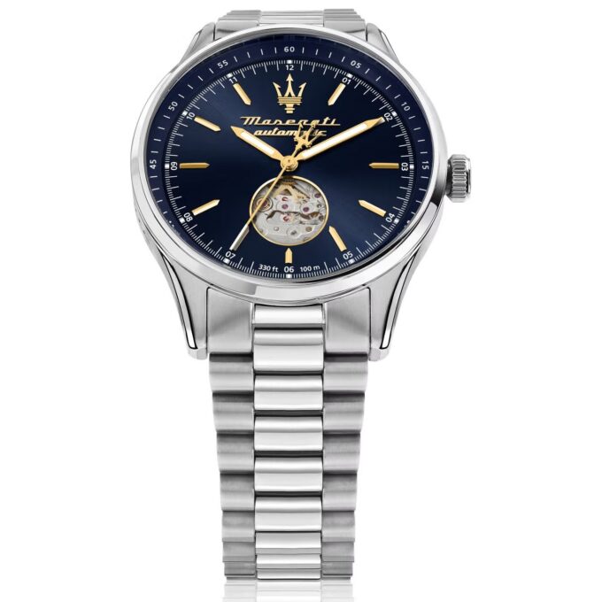 montre homme maserati sorpasso – r8823124002 – automatique – cadran 42 mm bleu avec cœur ouvert – bracelet acier argenté – boucle déployante – verre minéral – Étanchéité 100 mètres (10 atm) – garantie 2 ans – design sportif et chic
