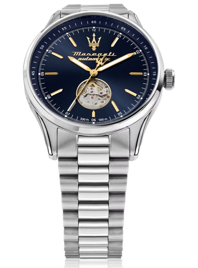 montre homme maserati sorpasso – r8823124002 – automatique – cadran 42 mm bleu avec cœur ouvert – bracelet acier argenté – boucle déployante – verre minéral – Étanchéité 100 mètres (10 atm) – garantie 2 ans – design sportif et chic