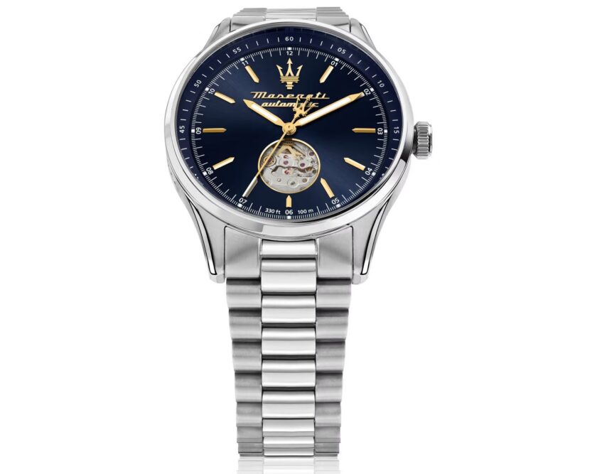 montre homme maserati sorpasso – r8823124002 – automatique – cadran 42 mm bleu avec cœur ouvert – bracelet acier argenté – boucle déployante – verre minéral – Étanchéité 100 mètres (10 atm) – garantie 2 ans – design sportif et chic