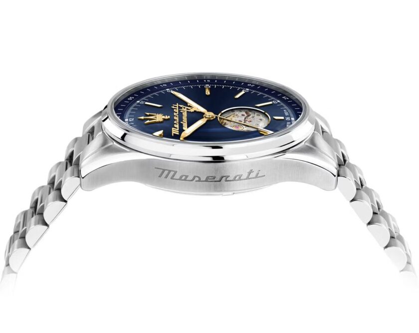 montre homme maserati sorpasso – r8823124002 – automatique – cadran 42 mm bleu avec cœur ouvert – bracelet acier argenté – boucle déployante – verre minéral – Étanchéité 100 mètres (10 atm) – garantie 2 ans – design sportif et chic