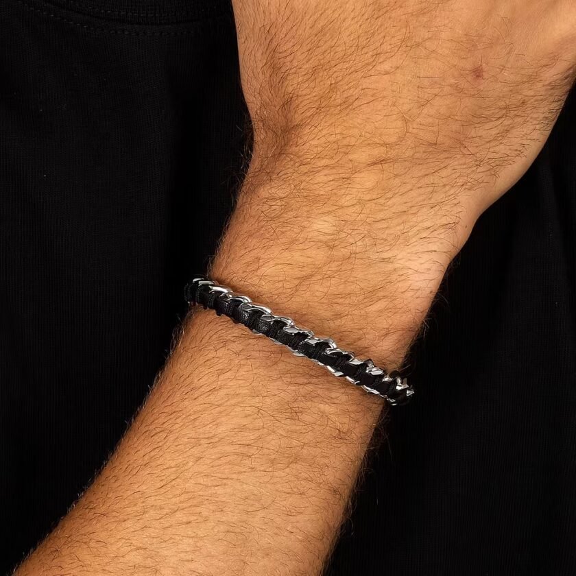 bracelet homme en inoxydable et cuir naturel modèle chaîne bandy szv122
