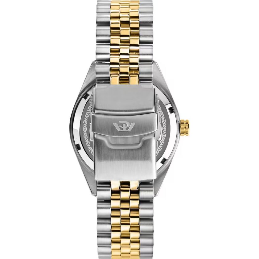 montre homme philip watch caribe – r8253597111 – boîtier acier 41 mm – cadran vert avec index et aiguilles dorés – mouvement quartz – bracelet acier bicolore doré et argent – boucle diver c avec verrou de sécurité – résistante à l'eau 100 m – garantie officielle