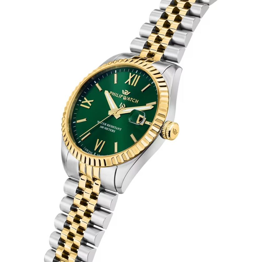 montre homme philip watch caribe – r8253597111 – boîtier acier 41 mm – cadran vert avec index et aiguilles dorés – mouvement quartz – bracelet acier bicolore doré et argent – boucle diver c avec verrou de sécurité – résistante à l'eau 100 m – garantie officielle