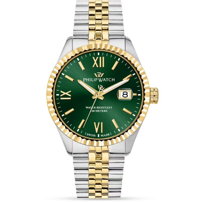 Montre Homme Philip Watch Caribe – R8253597111 – Boîtier Acier 41 mm – Cadran Vert avec Index et Aiguilles Dorés – Mouvement Quartz – Bracelet Acier Bicolore Doré et Argent – Boucle Diver C avec Verrou de Sécurité – Résistante à l'Eau 100 M – Garantie Officielle