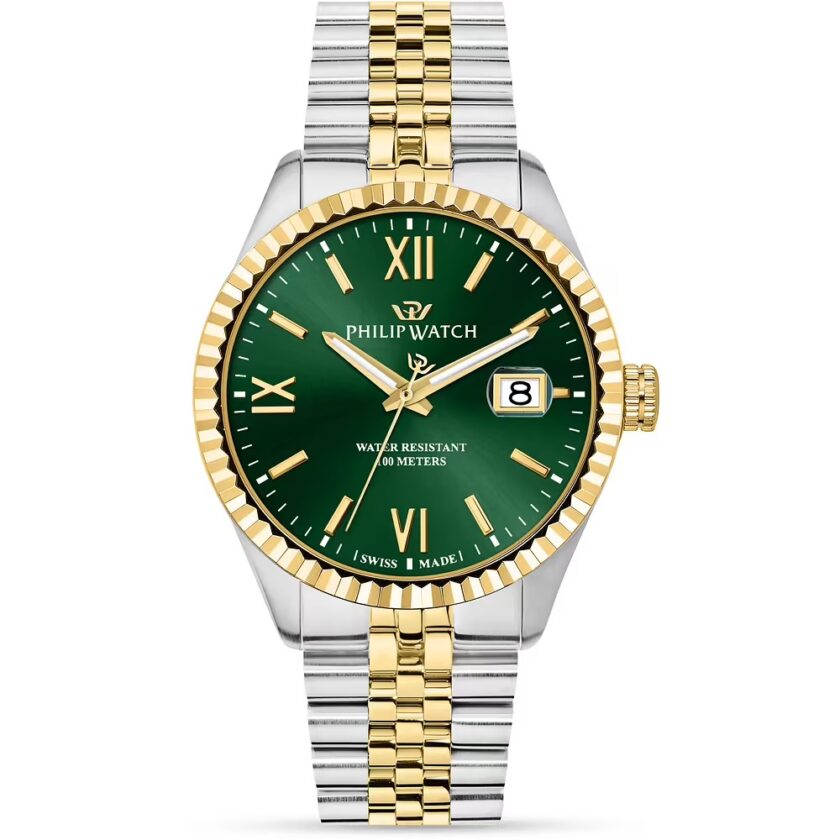 montre homme philip watch caribe – r8253597111 – boîtier acier 41 mm – cadran vert avec index et aiguilles dorés – mouvement quartz – bracelet acier bicolore doré et argent – boucle diver c avec verrou de sécurité – résistante à l'eau 100 m – garantie officielle