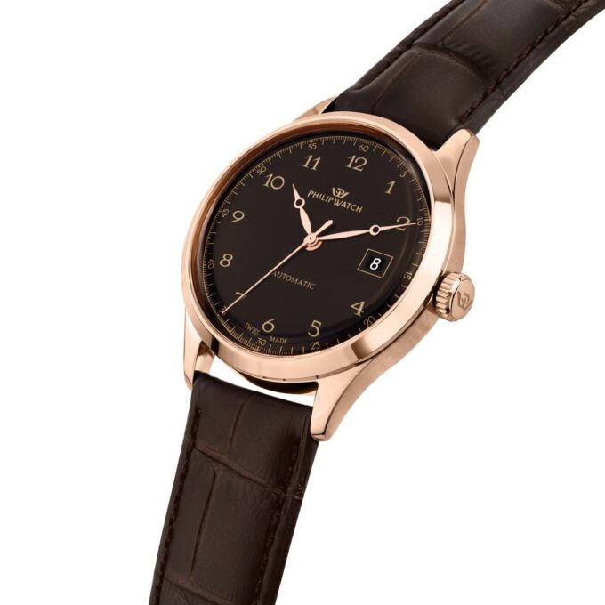 Montre Homme Philip Watch Museum – R8221225002 – Boîtier Inoxydable Or Rose 40 mm – Bracelet Cuir Marron – Mouvement Suisse – Étanchéité 10 ATM – Fermeture Papillon avec Bouton Latéral – Garantie 2 Ans – Emballage Original Philip Watch