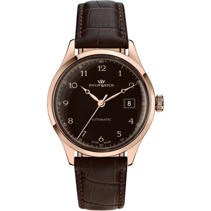 montre homme philip watch museum – r8221225002 – boîtier inoxydable or rose 40 mm – bracelet cuir marron – mouvement suisse – Étanchéité 10 atm – fermeture papillon avec bouton latéral – garantie 2 ans – emballage original philip watch