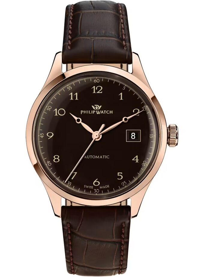 montre homme philip watch museum – r8221225002 – boîtier inoxydable or rose 40 mm – bracelet cuir marron – mouvement suisse – Étanchéité 10 atm – fermeture papillon avec bouton latéral – garantie 2 ans – emballage original philip watch