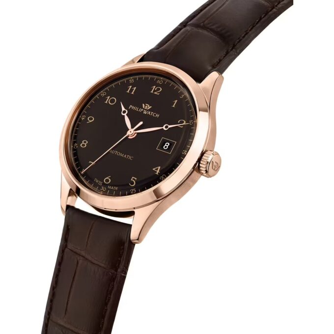 Montre Homme Philip Watch Museum – R8221225002 – Boîtier Inoxydable Or Rose 40 mm – Bracelet Cuir Marron – Mouvement Suisse – Étanchéité 10 ATM – Fermeture Papillon avec Bouton Latéral – Garantie 2 Ans – Emballage Original Philip Watch