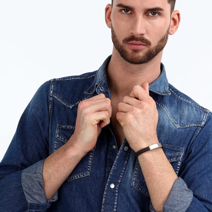 Bracelet Homme Sector Bandy SZV109 - Inoxydable et Cuir Recyclé - 21 cm - Couleurs Argent, Marron, Bleu