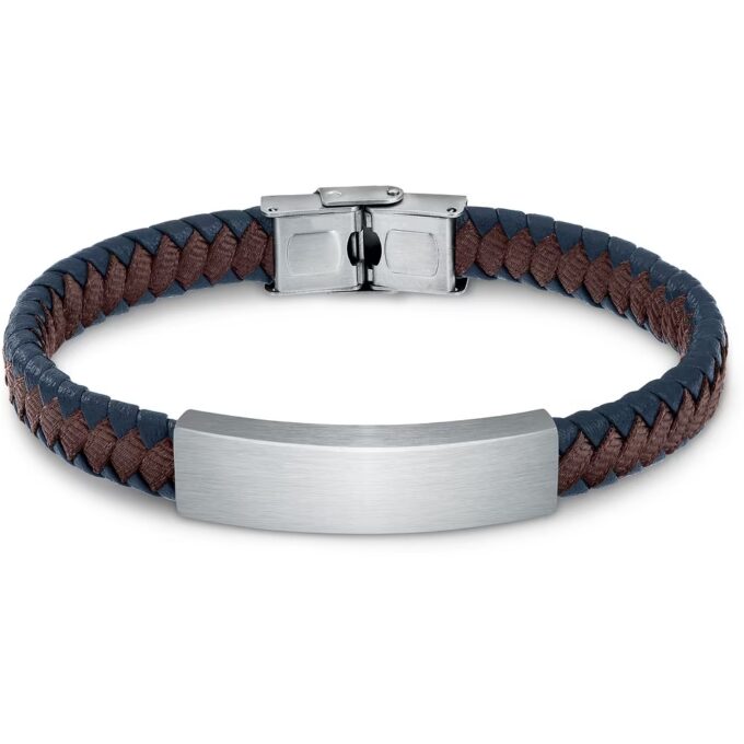 Bracelet Homme Sector Bandy SZV109 - Inoxydable et Cuir Recyclé - 21 cm - Couleurs Argent, Marron, Bleu