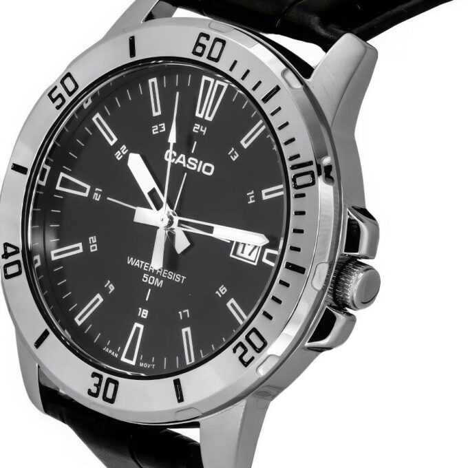 Montre - Casio - Homme - Cadran Noir, Bracelet Cuir, Style Classique, Résistante à l’Eau - Cuir - Noir - MTP-VD01L-1CVUDF