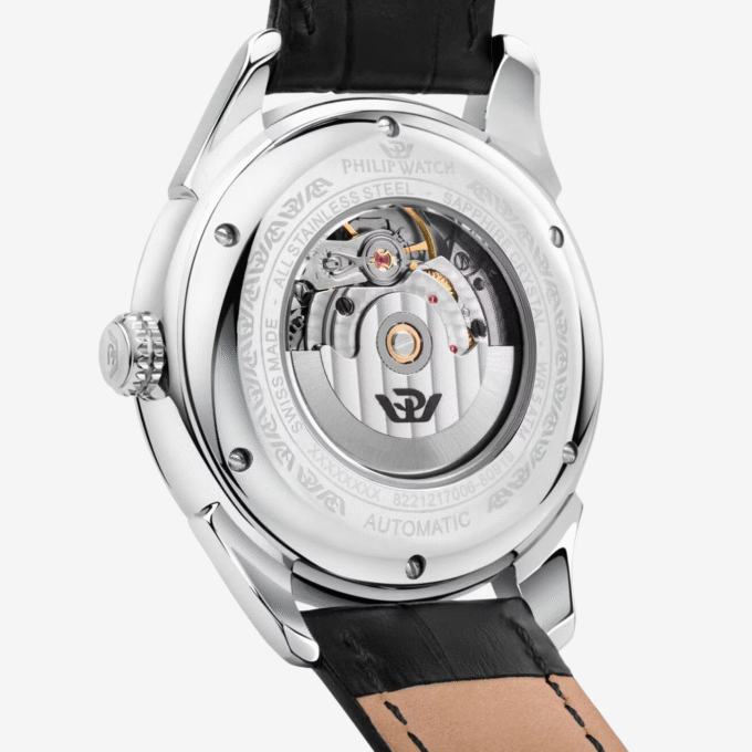 Montre Homme Philip Watch Roma R8221217006 - Automatique, Acier 41 mm, Verre Saphir, Cuir Noir, Étanche 5 ATM. - Verre Saphir