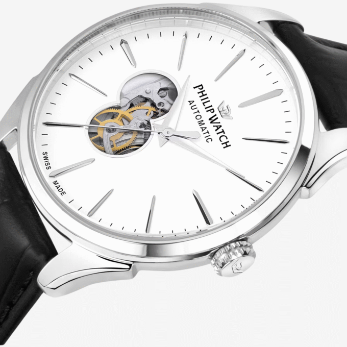 Montre Homme Philip Watch Roma R8221217006 - Automatique, Acier 41 mm, Verre Saphir, Cuir Noir, Étanche 5 ATM. - Verre Saphir