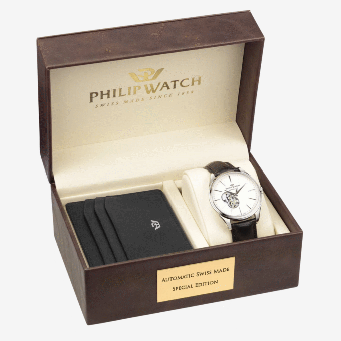 Montre Homme Philip Watch Roma R8221217006 - Automatique, Acier 41 mm, Verre Saphir, Cuir Noir, Étanche 5 ATM. - Verre Saphir