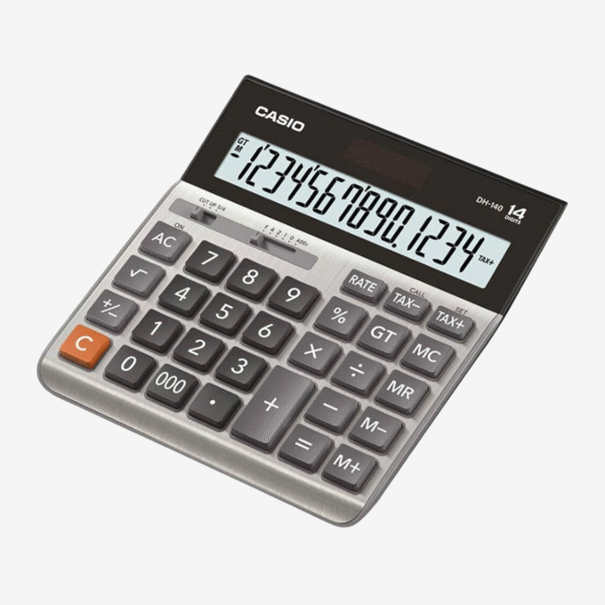 Calculatrice DH-140 - CASIO - Calculatrice de bureau, 14 chiffres, écran large, fonction double alimentation, plastique robuste - Gris - Ref DH-140