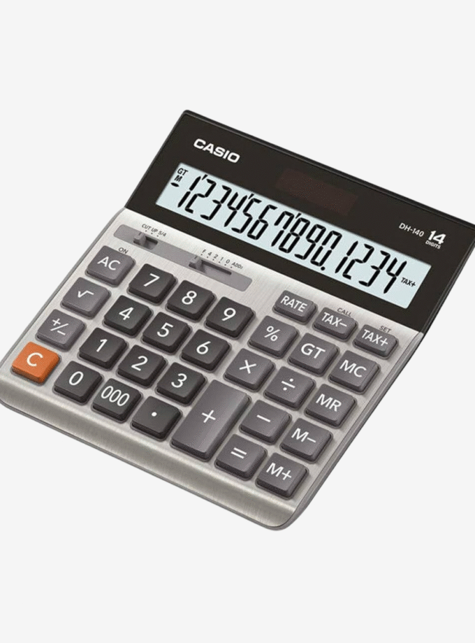 Calculatrice DH-140 - CASIO - Calculatrice de bureau, 14 chiffres, écran large, fonction double alimentation, plastique robuste - Gris - Ref DH-140