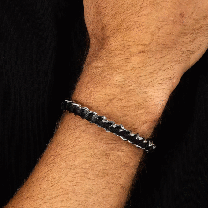 Bracelet Homme en Inoxydable et Cuir Naturel - Modèle Chaîne Bandy SZV122