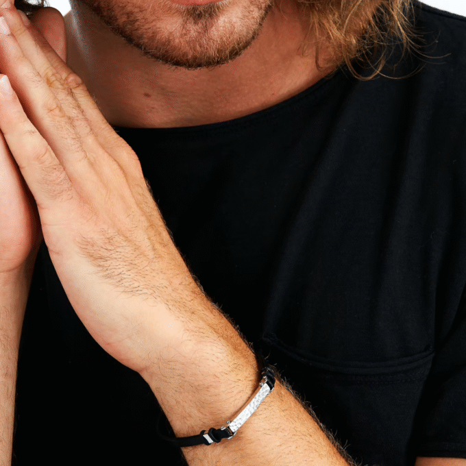 Bracelet Homme Sector Bandy SZV112 - Inoxydable et Cuir - 21 cm - Couleurs Argent et Noir