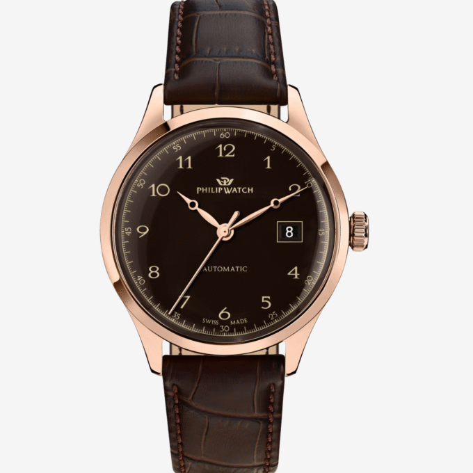 Montre Homme Philip Watch Museum – R8221225002 – Boîtier Inoxydable Or Rose 40 mm – Bracelet Cuir Marron – Mouvement Suisse – Étanchéité 10 ATM – Fermeture Papillon avec Bouton Latéral – Garantie 2 Ans – Emballage Original Philip Watch