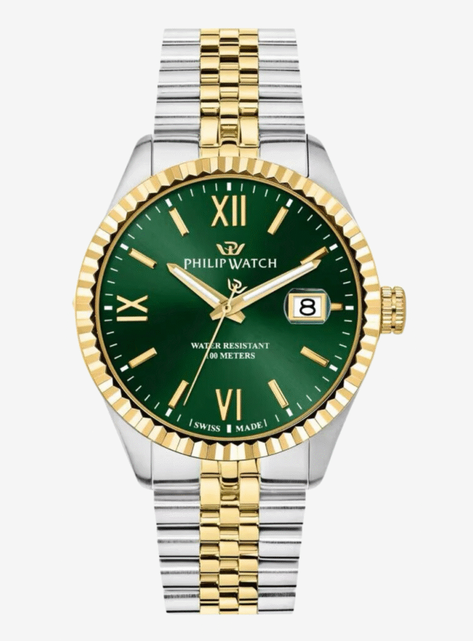 Montre Homme Philip Watch Caribe – R8253597111 – Boîtier Acier 41 mm – Cadran Vert avec Index et Aiguilles Dorés – Mouvement Quartz – Bracelet Acier Bicolore Doré et Argent – Boucle Diver C avec Verrou de Sécurité – Résistante à l'Eau 100 M – Garantie Officielle