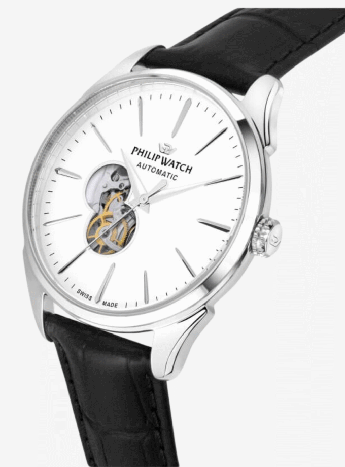 Montre Homme Philip Watch Roma R8221217006 - Automatique, Acier 41 mm, Verre Saphir, Cuir Noir, Étanche 5 ATM. - Verre Saphir