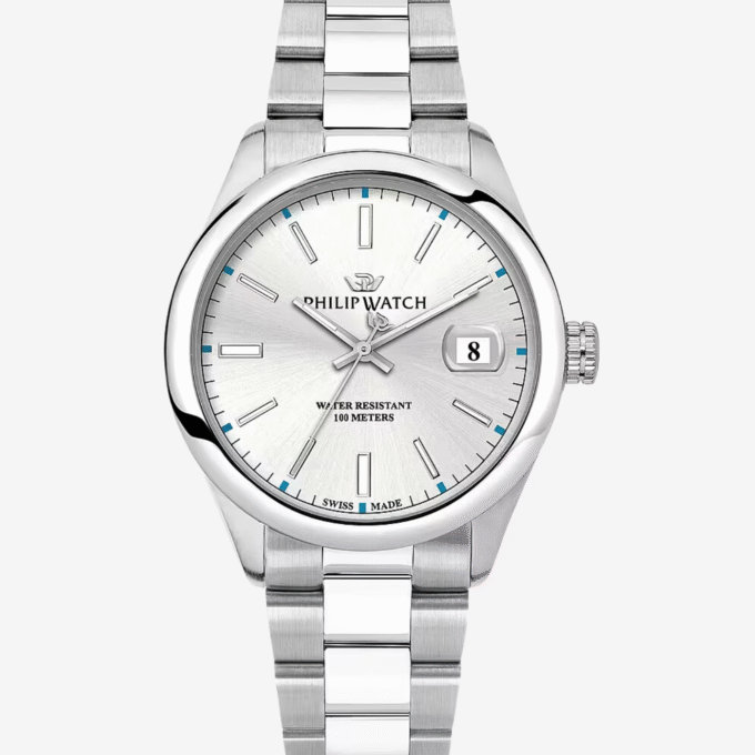 Montre Homme Philip Watch Caribe Urban – R8253597096 – Mouvement ETA F06.115 – Boîtier Acier 39 mm – Cadran Blanc avec Affichage de la Date – Bracelet Métal Argent – Verre Saphir Anti-reflet – Boucle Plongeur avec Sécurité – Résistante à l'Eau 10 ATM – Garantie Internationale Philip Watch. - Verre Saphir