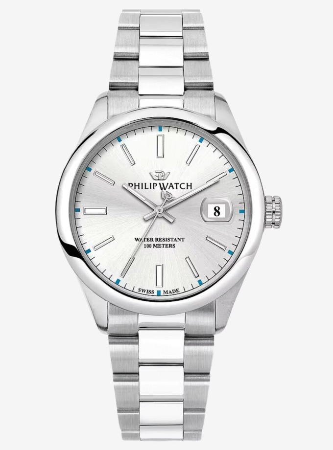 Montre Homme Philip Watch Caribe Urban – R8253597096 – Mouvement ETA F06.115 – Boîtier Acier 39 mm – Cadran Blanc avec Affichage de la Date – Bracelet Métal Argent – Verre Saphir Anti-reflet – Boucle Plongeur avec Sécurité – Résistante à l'Eau 10 ATM – Garantie Internationale Philip Watch. - Verre Saphir