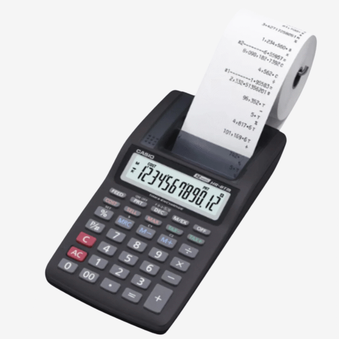 Calculatrice de bureau Casio HR-8TM-BK – Impression 12 chiffres, Double alimentation, Fonction Taxe, Compacte – Plastique – Noire – Référence HR-8TM-BK