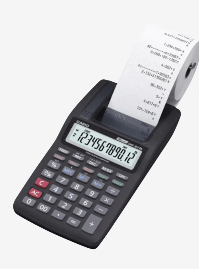 Calculatrice de bureau Casio HR-8TM-BK – Impression 12 chiffres, Double alimentation, Fonction Taxe, Compacte – Plastique – Noire – Référence HR-8TM-BK