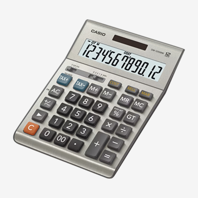 Calculatrice DM-1200BM - CASIO - Calculatrice de bureau, Grand écran, Double alimentation, Fonction Taxe - Plastique - Gris - Réf. DM-1200BM