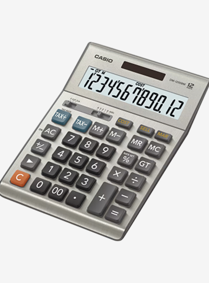 Calculatrice DM-1200BM - CASIO - Calculatrice de bureau, Grand écran, Double alimentation, Fonction Taxe - Plastique - Gris - Réf. DM-1200BM
