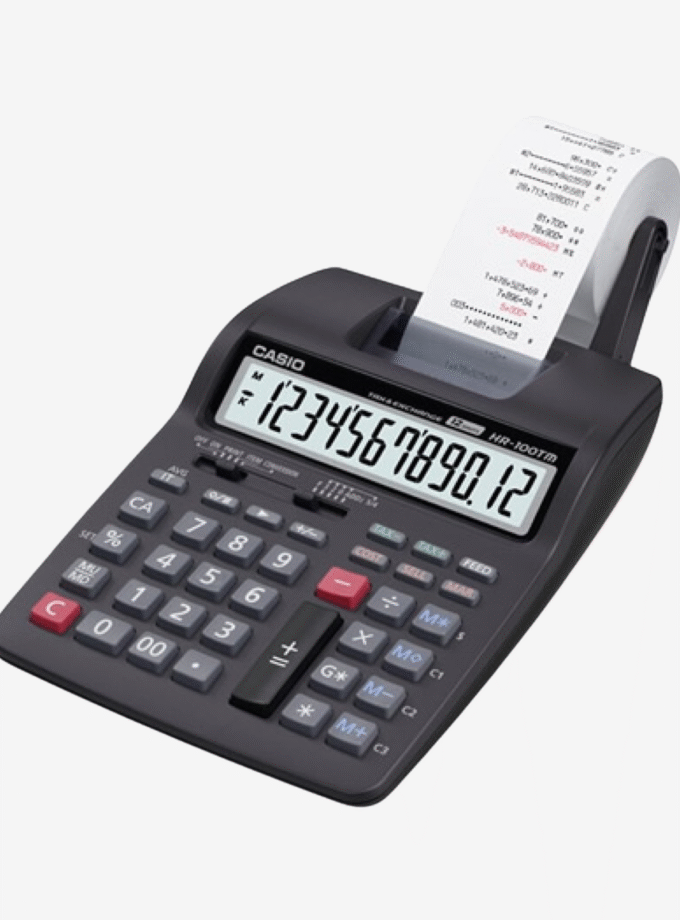 Calculatrice HR-100TM-BK – CASIO – Affichage Grand Écran, Fonction Taxe, Double Alimentation, Portable – Plastique – Noir – Réf. HR-100TM-BK