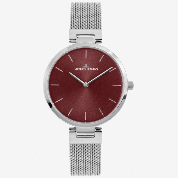 Montre femme habillée Jacques Lemans Milan - Quartz, acier brossé/poli, cadran rouge, Ø34mm, étanche 5ATM - 1-2110E