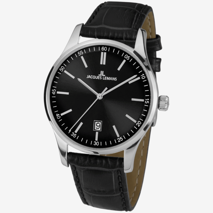 Jacques Lemans 1-2026A - Montre en Acier Inoxydable avec Bracelet en Cuir Noir - Verre Saphir