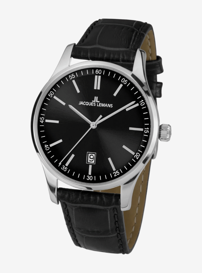 Jacques Lemans 1-2026A - Montre en Acier Inoxydable avec Bracelet en Cuir Noir - Verre Saphir