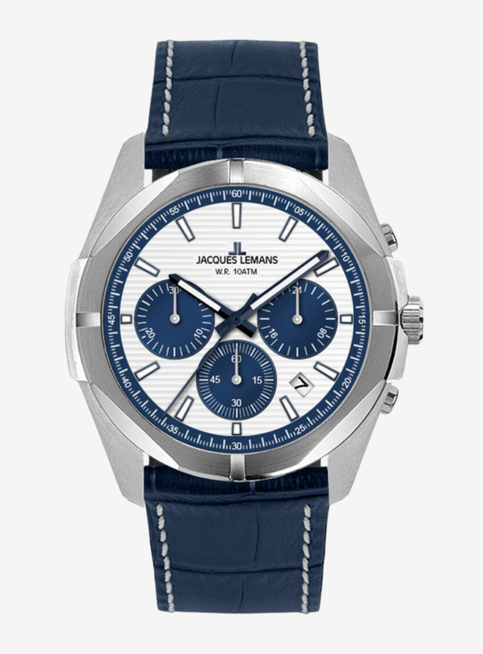 Jacques Lemans Melbourne 1-2180C - Montre Quartz avec Chronographe et Bracelet en Cuir Bleu - 10 ATM - Verre Saphir