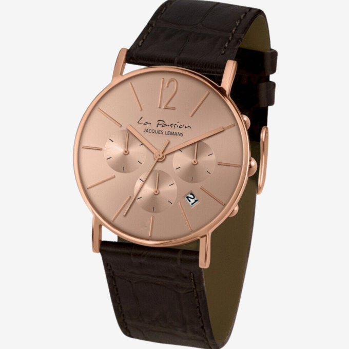 Montre Jacques Lemans LP-123N - Chronographe Élégant Unisexe en Acier Inoxydable Or Rose avec Bracelet en Cuir Marron