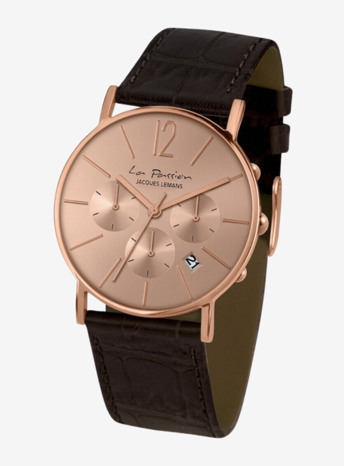 Montre Jacques Lemans LP-123N - Chronographe Élégant Unisexe en Acier Inoxydable Or Rose avec Bracelet en Cuir Marron