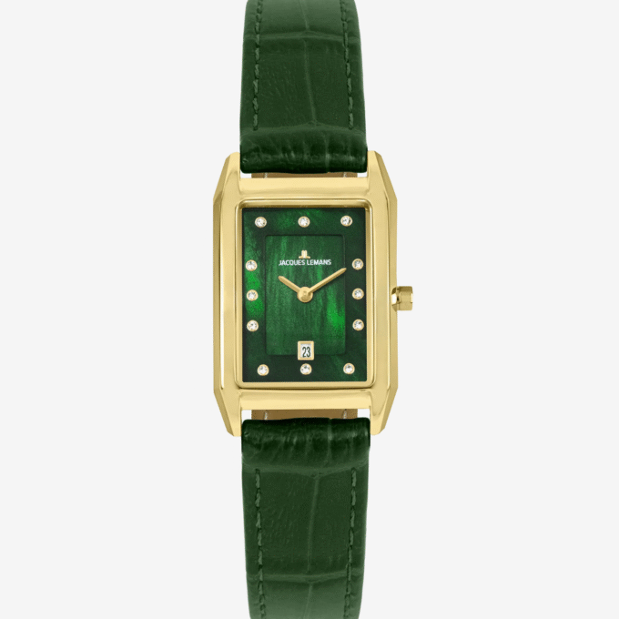 Montre Jacques Lemans 1-2189F - Élégante Montre Rectangulaire en Acier Inoxydable Or Rose avec Cadran Vert et Bracelet en Cuir - Verre Saphir