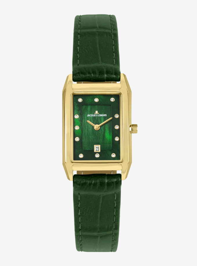 Montre Jacques Lemans 1-2189F - Élégante Montre Rectangulaire en Acier Inoxydable Or Rose avec Cadran Vert et Bracelet en Cuir - Verre Saphir