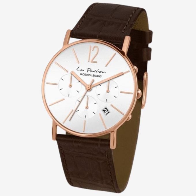 Montre Jacques Lemans LP-123N - Chronographe Unisexe en Acier Inoxydable Or Rose avec Bracelet en Cuir Marron