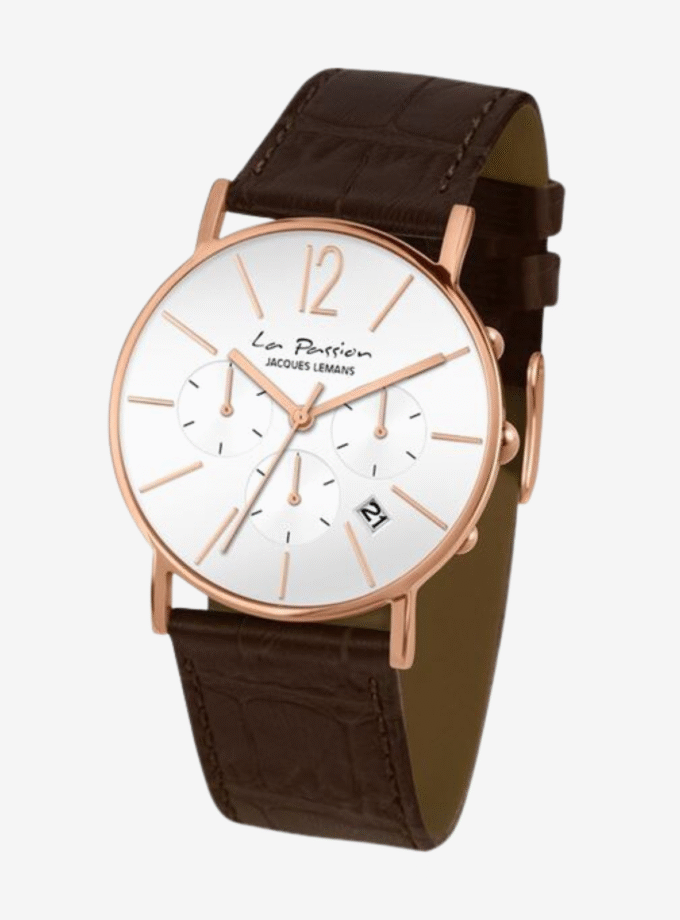 Montre Jacques Lemans LP-123N - Chronographe Unisexe en Acier Inoxydable Or Rose avec Bracelet en Cuir Marron