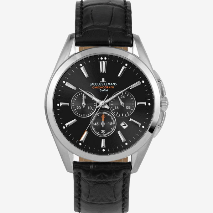 Montre Homme Jacques Lemans Quartz acier inoxydable, cadran noir, bracelet cuir noir, étanche 100m, garantie 2 ans, réf. 1-1945.1A