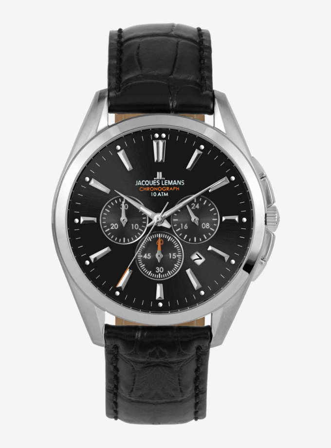 Montre Homme Jacques Lemans Quartz acier inoxydable, cadran noir, bracelet cuir noir, étanche 100m, garantie 2 ans, réf. 1-1945.1A
