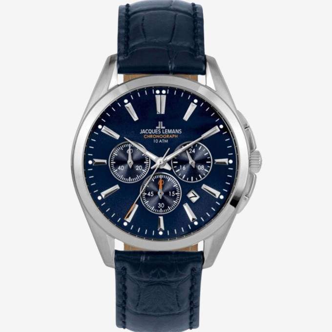 Montre Jacques Lemans - Chronographe Analogique pour Hommes en Acier Inoxydable avec Bracelet en Cuir Bleu et Résistance à l'Eau de 10 ATM - Verre Saphir