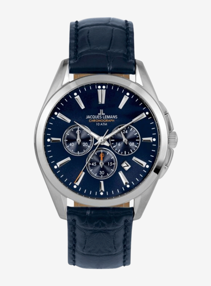 Montre Jacques Lemans - Chronographe Analogique pour Hommes en Acier Inoxydable avec Bracelet en Cuir Bleu et Résistance à l'Eau de 10 ATM - Verre Saphir